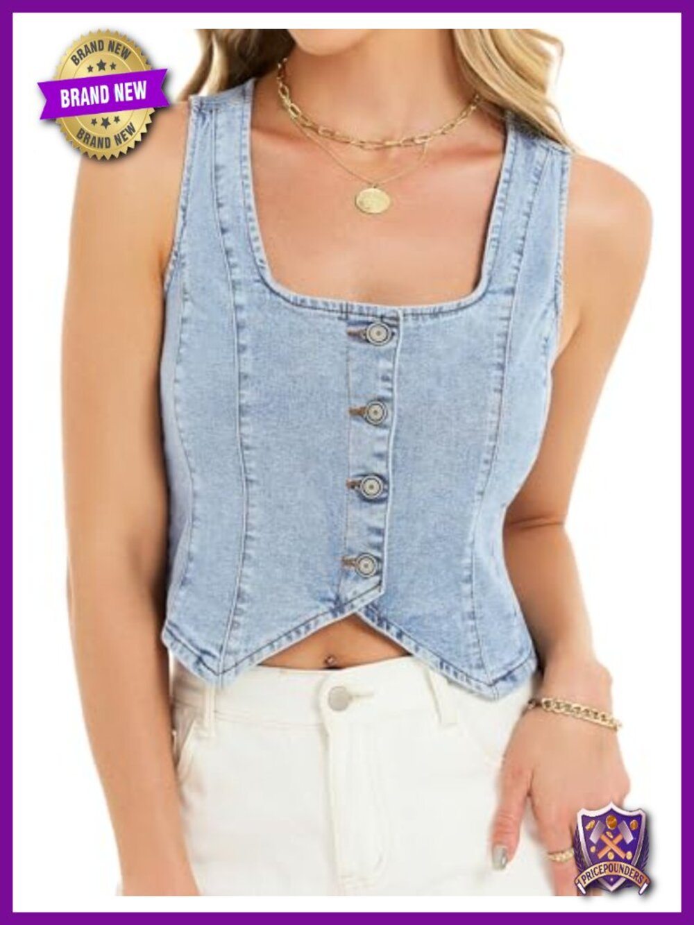 Sleeveless Denim Vest Square Neck Button Down Cropped Jean Waistcoat